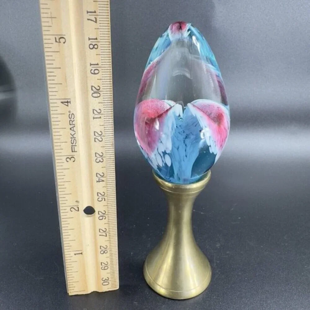 Vintage 1995‎ GES Glass Eye Studio Egg Shape Paperweight On Brass Stand Figure